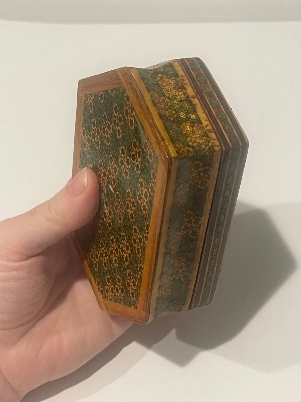 Vintage Hexagonal Decorative wooden Trinket Box Green & Blue